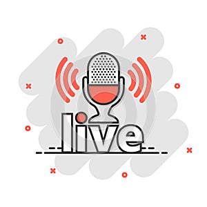 Microphone icon in comic style. Live broadcast vector cartoon illustration on white isolated background. Sound record business