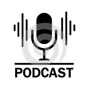 The microphone icon in a fashionable flat style is isolated against the background. Logo, application, user interface. Podcast r