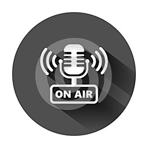 Microphone icon in flat style. Live broadcast vector illustration on black round background with long shadow. On air business