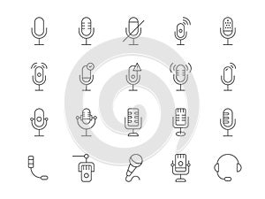 Microphone icon. Radio and web podcast icons. Old broadcast line sign, audio music studio symbols, vocal karaoke and