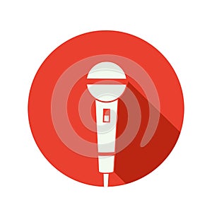 Microphone icon on red background with shadow. Mic silhouette. Music, voice, record icon. Recording studio symbol. Flat