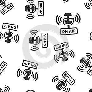 Microphone icon seamless pattern background. Live broadcast vector illustration on white isolated background. On air business
