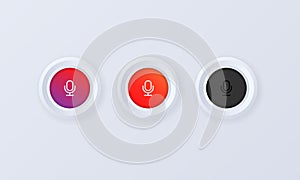 Microphone icon set. Voice personal asistent button in 3d style. Audio message, recorder, speak sign. Voice recognition. Vector