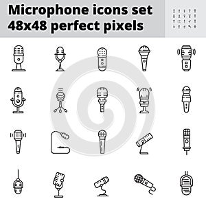 Microphone icon vector in thin line style. Voice over sign. Microphone symbol for audio podcast broadcast