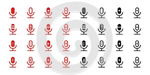 Microphone icons set. Red and black microphone icons. Vector scalable graphics