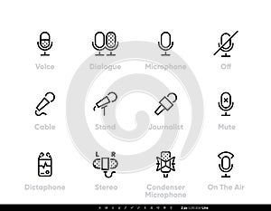 Microphone icons. Stereo, Journalistic, Studio, Radio Microphone set. Editable line vector set
