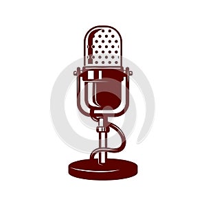 Microphone illustration on white background. Design element for logo, label, emblem, sign.