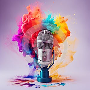 Microphone with ink color splash, podcast, stand up or karaoke concept