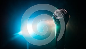 Microphone karaoke, concert . Vocal audio mic in low light with blurred background. Live music, audio equipment. Karaoke concert,