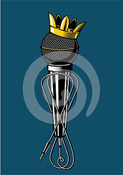 Microphone with kings crown. Vintage music poster. Musicla sign with mic.