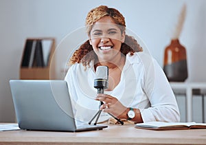 Microphone, laptop and podcast with portrait of woman for news broadcast, presenter and social media. Radio, blog and