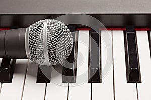Microphone Laying on Electronic Synthesizer Keyboard Abstract