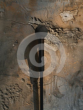 A microphone is leaning against a wall