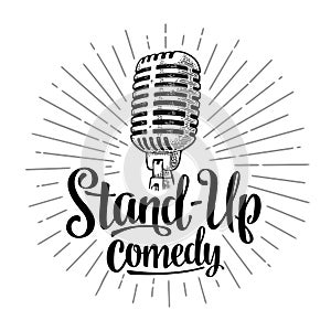 Microphone. Lettered text Stand-Up comedy. Vintage engraving illustration