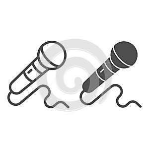 Microphone line and solid icon, Sound design concept, mic sign on white background, Microphone with cord icon in outline