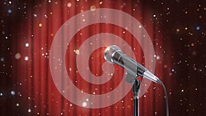 Microphone with magic particles against blurred red curtains background, beautiful seamless looped 3d animation. 4 k