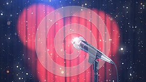 Microphone with Magic Particles against Blurred Red Curtains with Spotlights, 3d Render