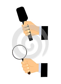 Microphone a magnifying glass magnifying in a hand on a white ba