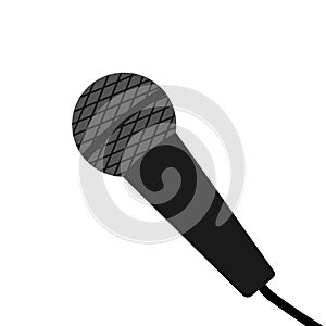 Microphone mic icon with wire cord. Music karaoke party. News journalist speech performances concept. Black metal color. Cards,