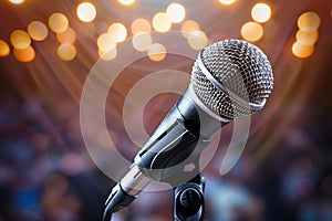 Microphone on a microphone stand with a blurry background