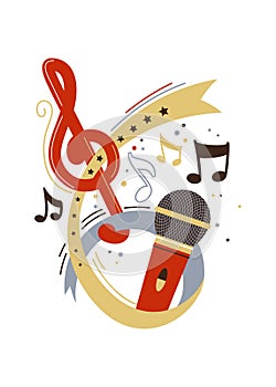 Microphone and music notes flat vector illustration