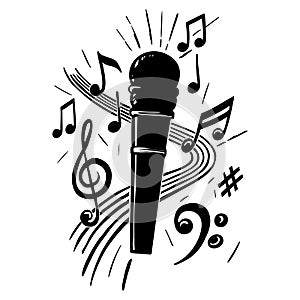 Microphone and music notes hand drawn vector silhouette