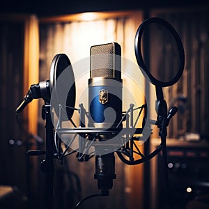 Microphone in music studio, podcast concept