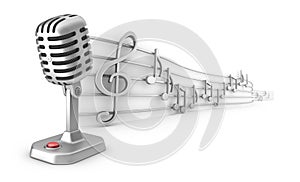 Microphone and musical notes staff set