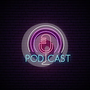 Microphone neon sign. Podcast bright emblem.