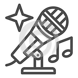 Microphone with note and shiny star line icon, sound design concept, mic vector sign on white background, outline style