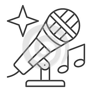 Microphone with note and shiny star thin line icon, sound design concept, mic vector sign on white background, outline