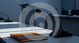 Microphone and Notebook on Conference Table in Empty Room