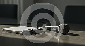 Microphone and Notebook on Meeting Room Table Ready for Presentation