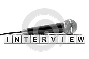 Microphone over Interview Cube Sign. 3d Rendering