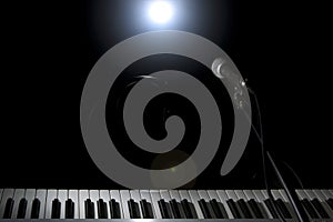 Microphone and piano in dark background