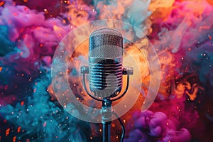 A microphone is placed in front of a colorful smoke background