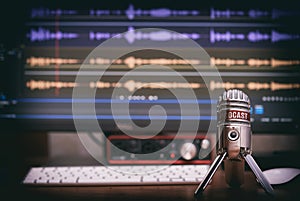 Microphone with a podcast icon