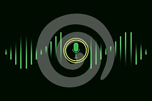 Microphone podcast icon. Green waves. Black background. Audio communication concept. Vector illustration. Stock image.