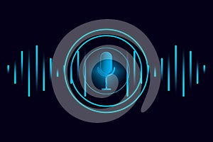 Microphone podcast wave. Black background. Blue waves. Audio communication concept. Vector illustration. Stock image.