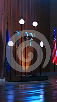 A microphone on a podium with american flags behind it