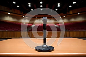 microphone on a podium in an empty lecture hall