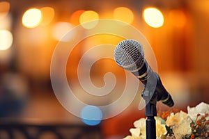 Microphone on podium stage for public speaking, enhancing conference communication.