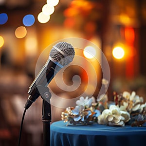 Microphone on podium stage for public speaking, enhancing conference communication.