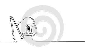 Microphone and pop filter one line art. Continuous line drawing of musical, mic, broadcasting, microphone, radio, music