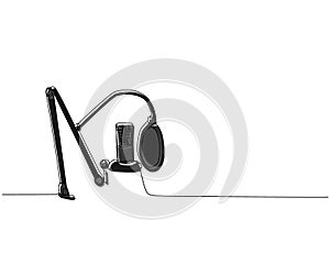 Microphone and pop filter one line color art. Continuous line drawing of musical, mic, broadcasting, microphone, radio