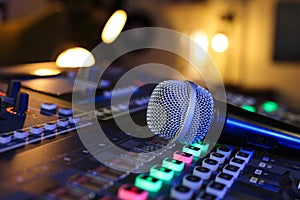 Microphone on professional mixing console in radio studio, closeup