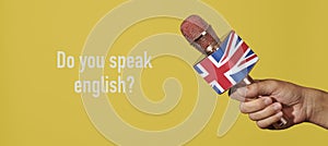 microphone and question do you speak english, banner
