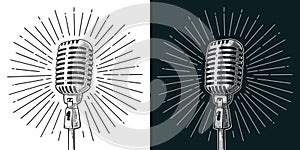 Microphone with ray. Vintage vector black engraving illustration