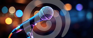 The microphone ready for performance in a vibrant stage setting with bokeh lights..AI generated image