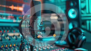 The microphone in recording studio. AI generated